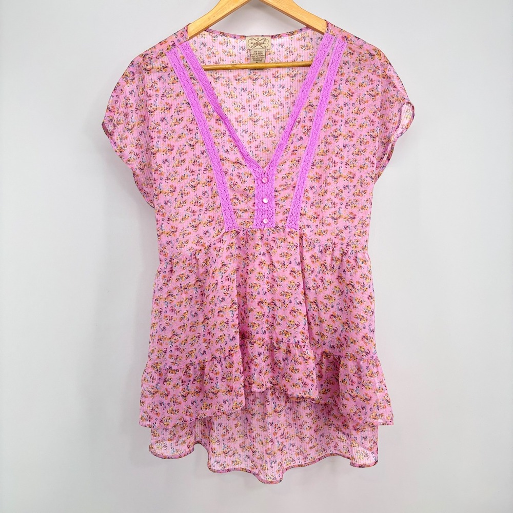 Eyelash Couture Pink Babydoll Floral V-Neck Lace Trim High-Low Tunic Top L/XL